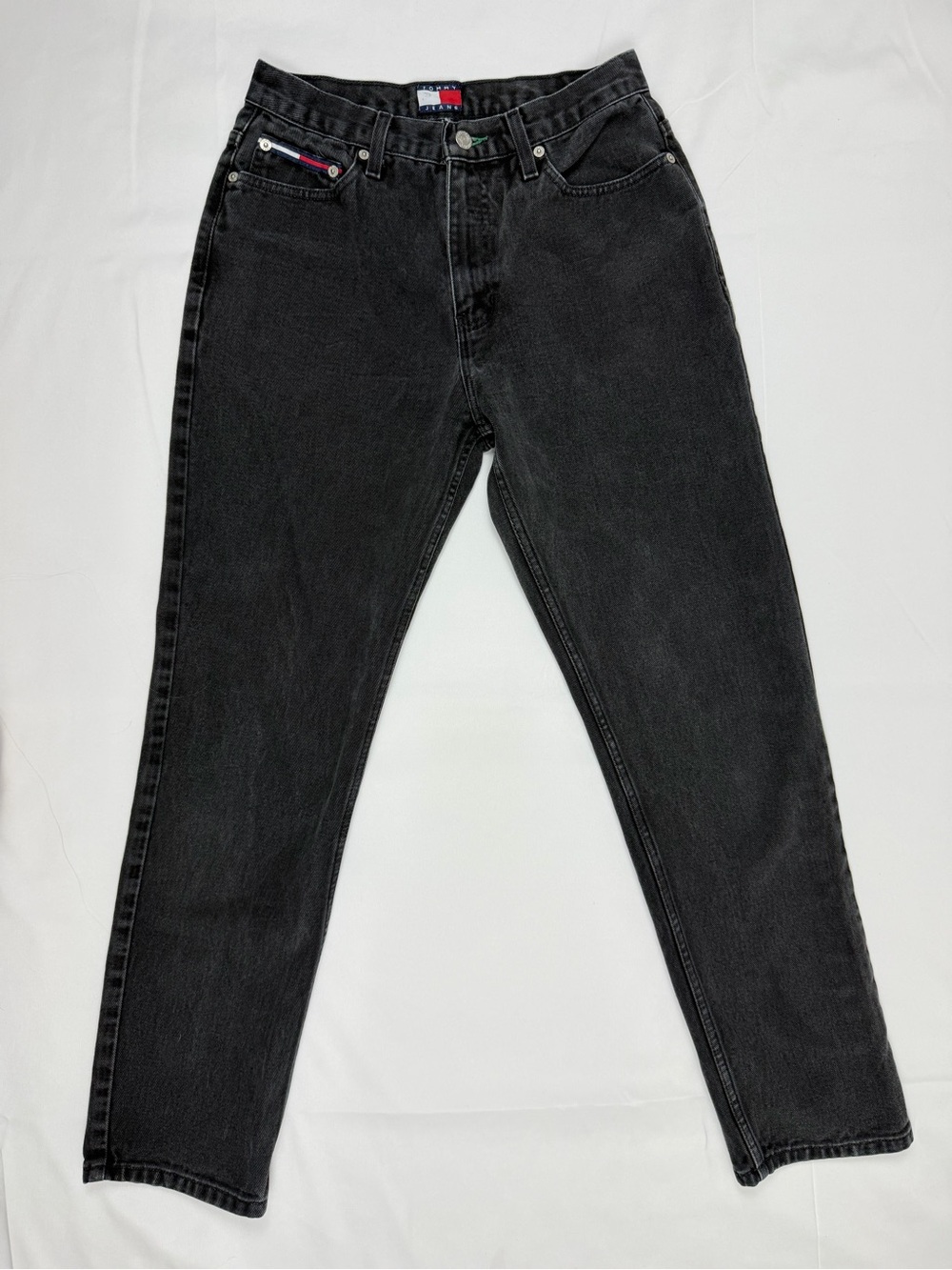 Vintage Tommy Jeans 7/30 Black High Rise Straight Leg 90s Denim Flag Logo